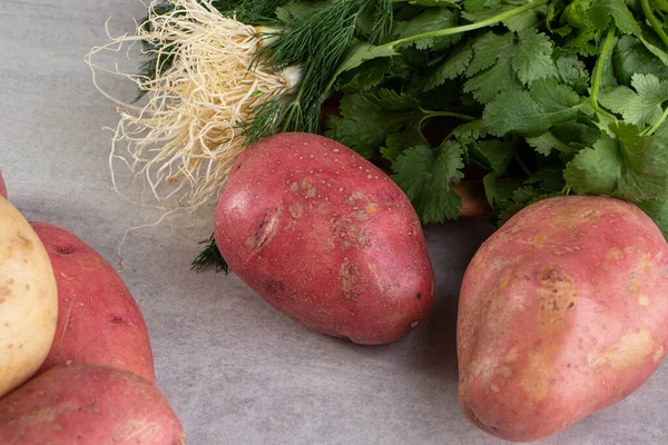 Fresh Organic Potatoes Herbs Grey Background — Stock Photo, Image