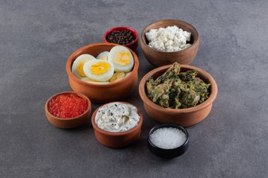 Sabah kahvaltısı mermer arka planda. Yüksek kalite fotoğraf