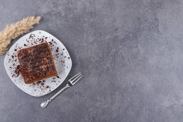Gâteau Chocolat Poudre Avec Cacao Dans Une Assiette Blanche Placée — Photo
