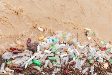 Nehir üstüne sel, plastik ve ahşap kirliliği. Vlasina Nehri, Sırbistan. Ekoloji problemi.