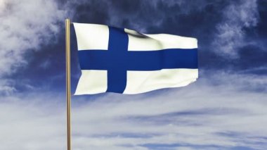 Finlandiya bayrağı rüzgarda sallanıyor. Döngülü güneş tarzı yükselir. Animasyon döngüsü. Yeşil ekran, alfa mat. Döngüye uygun animasyon