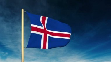 İzlanda bayrak kaydırıcı tarzı. Bulut arka plan animasyonu ile rüzgarda el sallayarak
