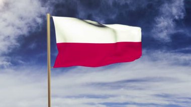 Polonya bayrağı rüzgarda sallanıyor. Döngülü güneş tarzı yükselir. Animasyon döngüsü. Yeşil ekran, alfa mat. Döngüye uygun animasyon