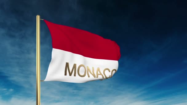 Monaco bandiera stile slider con titolo. Ondeggiando nel vento con animazione di sfondo nuvola — Video Stock