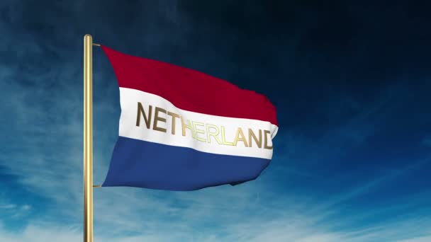 Nederlandse vlag Slider stijl met titel. Zwaaiende in de wind met Cloud achtergrond animatie — Stockvideo