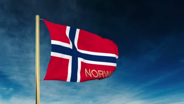 Norway flag slider style with title. Waving in the wind with cloud background animation — Stock Video