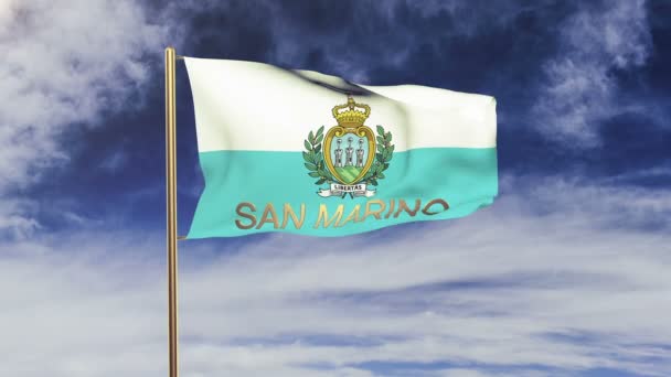 Bandeira de San Marino com título acenando ao vento. Looping sol nasce estilo. loop de animação — Vídeo de Stock