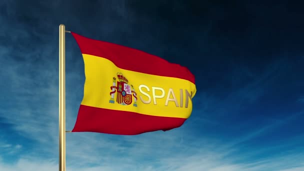 Spain flag slider style with title. Waving in the wind with cloud background animation — Stock Video