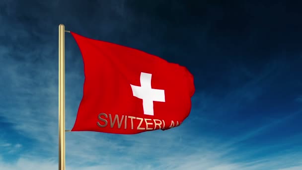 Suiza bandera estilo deslizante con título. Ondeando en el viento con animación de fondo de nube — Vídeos de Stock