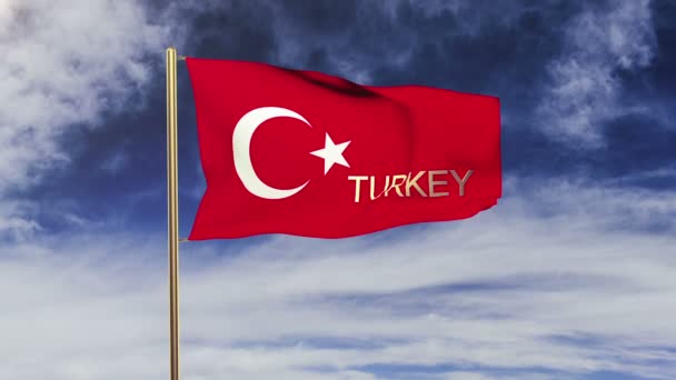 Bandeira da Turquia com título acenando ao vento. Looping sol nasce estilo. loop de animação — Vídeo de Stock