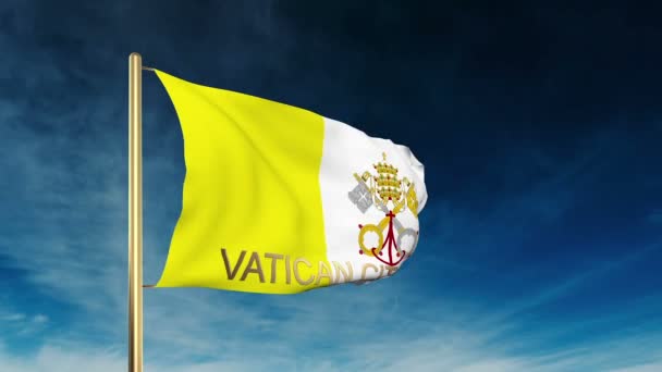 Vatican City flag slider style with title. Waving in the wind with cloud background animation — Stock Video