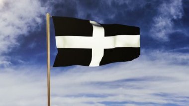 Cornwall bayrağı rüzgarda sallanıyor. Yeşil ekran, alfa mat. Döngüye uygun animasyon