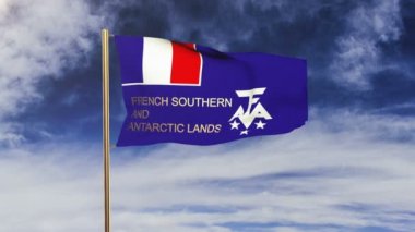 Fransız Güney ve Antarktika Toprakları bayrağı rüzgarda sallayarak başlık ile. Döngülü güneş tarzı yükselir. Animasyon döngüsü
