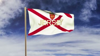Unvanı rüzgarda sallayan Jersey bayrağı. Döngülü güneş tarzı yükselir. Animasyon döngüsü
