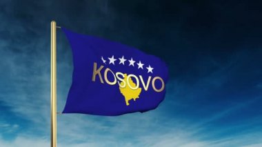 Başlık ile Kosova bayrağı kaydırıcı tarzı. Bulut arka plan animasyonu ile rüzgarda el sallayarak