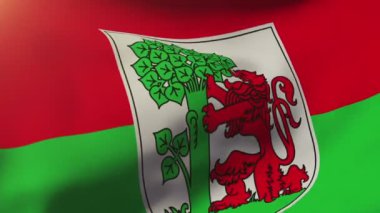 Liepaja bayrağı rüzgarda sallanıyor. Döngülü güneş tarzı yükselir. Animasyon döngüsü