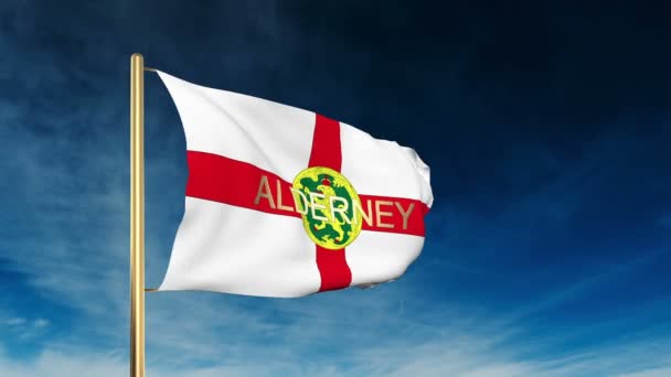 Alderney bandera estilo deslizante con título. Ondeando en el viento con animación de fondo de nube — Vídeo de stock