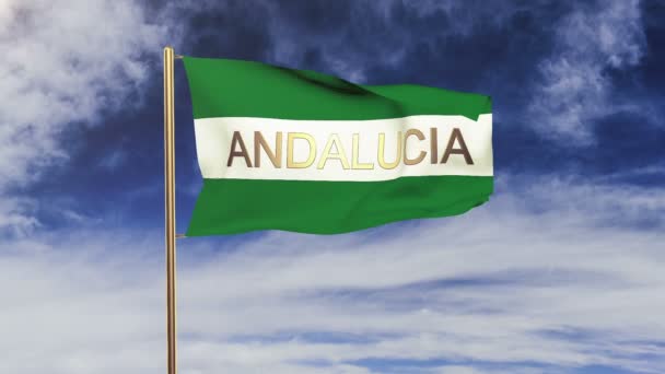 Andalusië vlag met titel zwaaiende in de wind. Looping zon stijgt stijl. Animatie-lus — Stockvideo