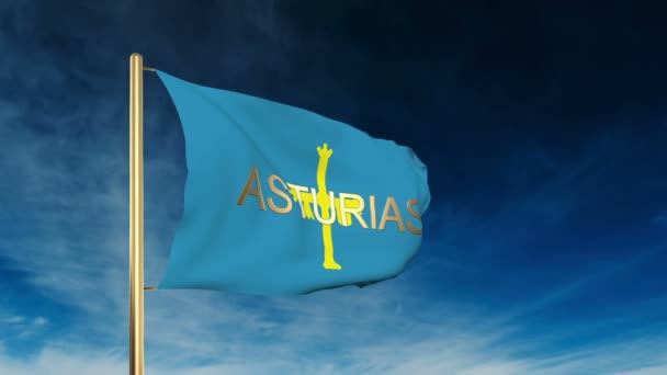 Стиль слайдера флага Астурии с названием. Ожидание на ветру с анимацией облачного фона — стоковое видео