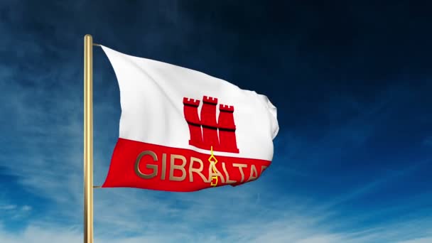 Gibraltar flagga glida titulera med titel. Vinka i vinden med moln bakgrund animation — Stockvideo