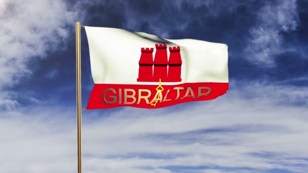 Drapeau de Gibraltar avec titre agitant dans le vent. Boucle soleil se lève style. Boucle d'animation — Video