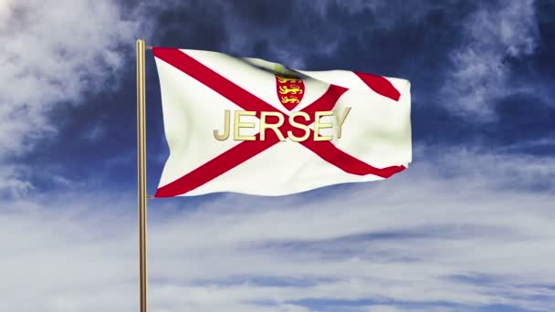 Σημαία του Τζέρσεϊ με τίτλο που χαιρετάει τον άνεμο. Ο ήλιος ανατέλλει. Βρόχος κίνησης — Αρχείο Βίντεο