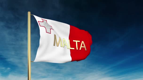 Malta bandera estilo deslizante con título. Ondeando en el viento con animación de fondo de nube — Vídeo de stock