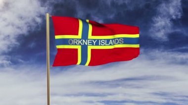 Orkney Adaları bayrağı ve unvanı rüzgarda sallanıyor. Döngülü güneş tarzı yükselir. Animasyon döngüsü