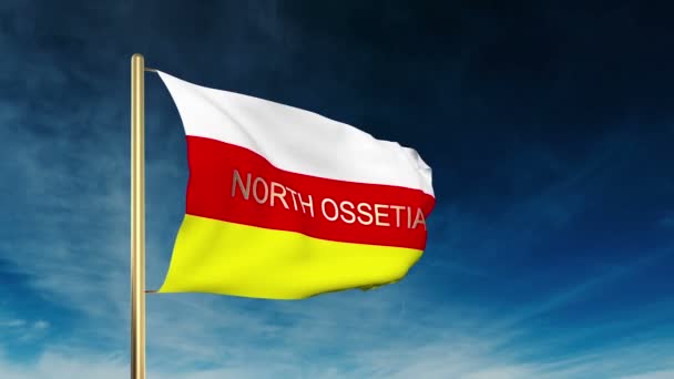 North Ossetia flag slider style with title. Waving in the wind with cloud background animation — Stock Video