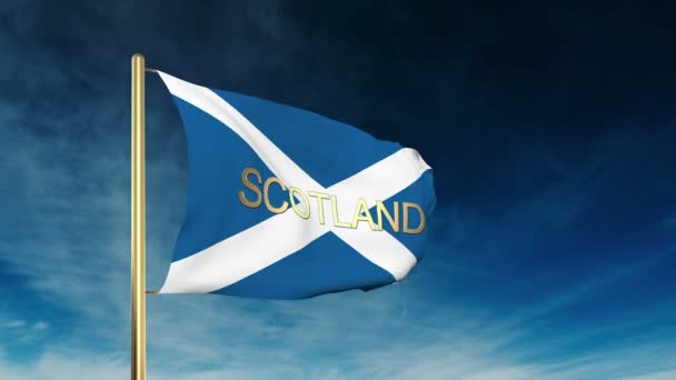 Schottland Flagge Schieberegler Stil mit Titel. Winken im Wind mit Wolkenhintergrundanimation — Stockvideo