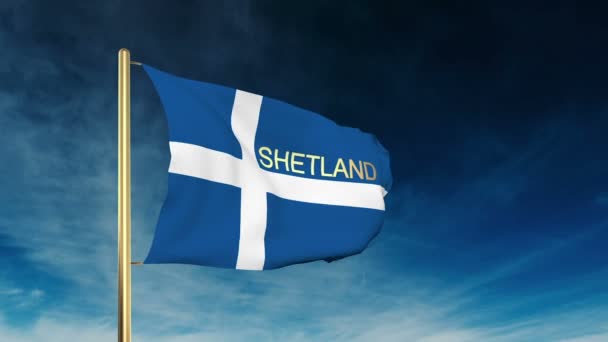 Shetland bandera estilo deslizante con título. Ondeando en el viento con animación de fondo de nube — Vídeos de Stock