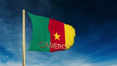 Başlık ile Kamerun bayrağı kaydırıcı tarzı. Bulut arka plan animasyonu ile rüzgarda el sallayarak