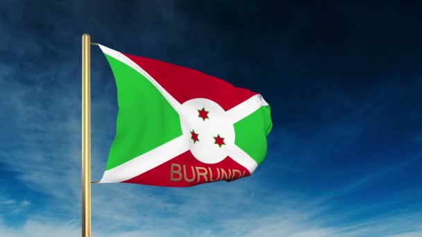 Burundi flag slider style with title. Waving in the wind with cloud background animation — Stock Video