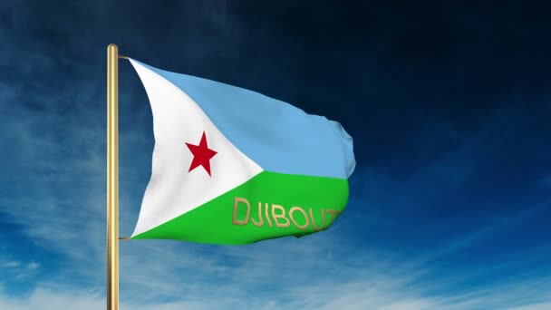 Djibouti bandera estilo deslizante con título. Ondeando en el viento con animación de fondo de nube — Vídeos de Stock