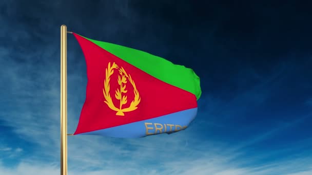 Eritrea flag slider style with title. Waving in the wind with cloud background animation — Stock Video