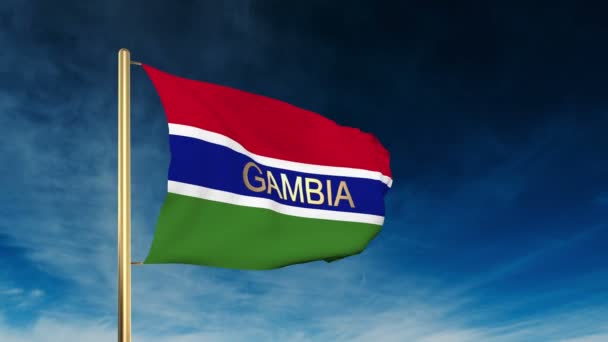 Gambia bandiera stile slider con titolo. Ondeggiando nel vento con animazione di sfondo nuvola — Video Stock