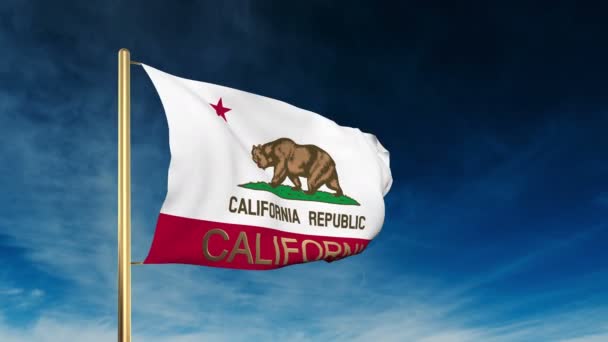 California flagga glida titulera med titel. Vinka i vinden med moln bakgrund animation — Stockvideo