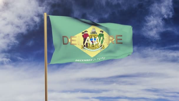 Bandera delaware con el título ondeando en el viento. Looping sol sale de estilo. Bucle de animación — Vídeo de stock