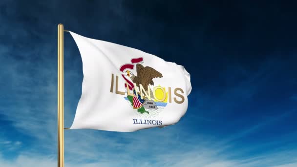 Estilo deslizante bandera de Illinois con título. Ondeando en el viento con animación de fondo de nube — Vídeos de Stock