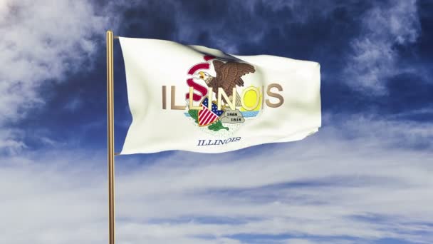 Σημαία του Ιλινόις με τίτλο που χαιρετάει τον άνεμο. Ο ήλιος ανατέλλει. Βρόχος κίνησης — Αρχείο Βίντεο