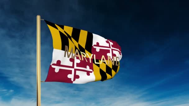 Maryland flag slider style with title. Waving in the wind with cloud background animation — Stock Video