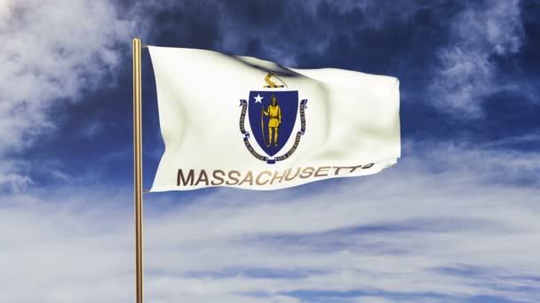 Massachusetts bandera con el título ondeando en el viento. Looping sol sale de estilo. Bucle de animación — Vídeos de Stock