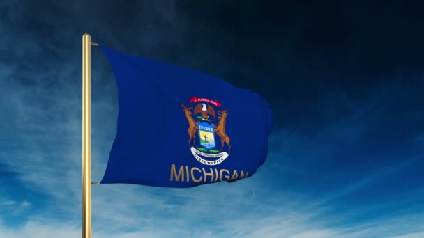 Michigan flag slider style mit titel. Winken im Wind mit Wolkenhintergrundanimation — Stockvideo