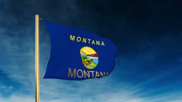 Montana vlag Slider stijl met titel. Zwaaiende in de wind met Cloud achtergrond animatie — Stockvideo