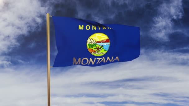 Bandeira montana com título acenando ao vento. Looping sol nasce estilo. loop de animação — Vídeo de Stock