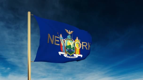 New york flag slider style with title. Ожидание на ветру с анимацией облачного фона — стоковое видео