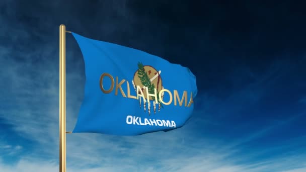 Oklahoma flagga Slider stil med titeln. Vinka i vinden med moln bakgrund animation — Stockvideo