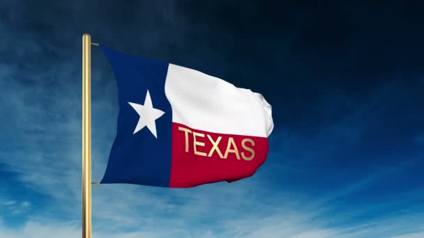 Стиль повзунка прапора texas з заголовком. Плавлення на вітрі з анімацією на хмарному фоні — стокове відео