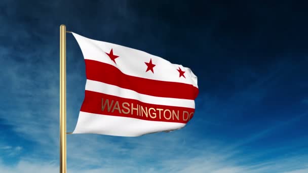 Washington dc bandera estilo deslizante con título. Ondeando en el viento con animación de fondo de nube — Vídeo de stock