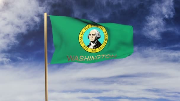 Washington vlag met titel zwaaiende in de wind. Looping zon stijgt stijl. Animatie-lus — Stockvideo